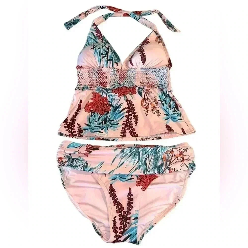 Tommy Hilfiger 2 piece swimsuit pink floral bikini size M tropical vacation